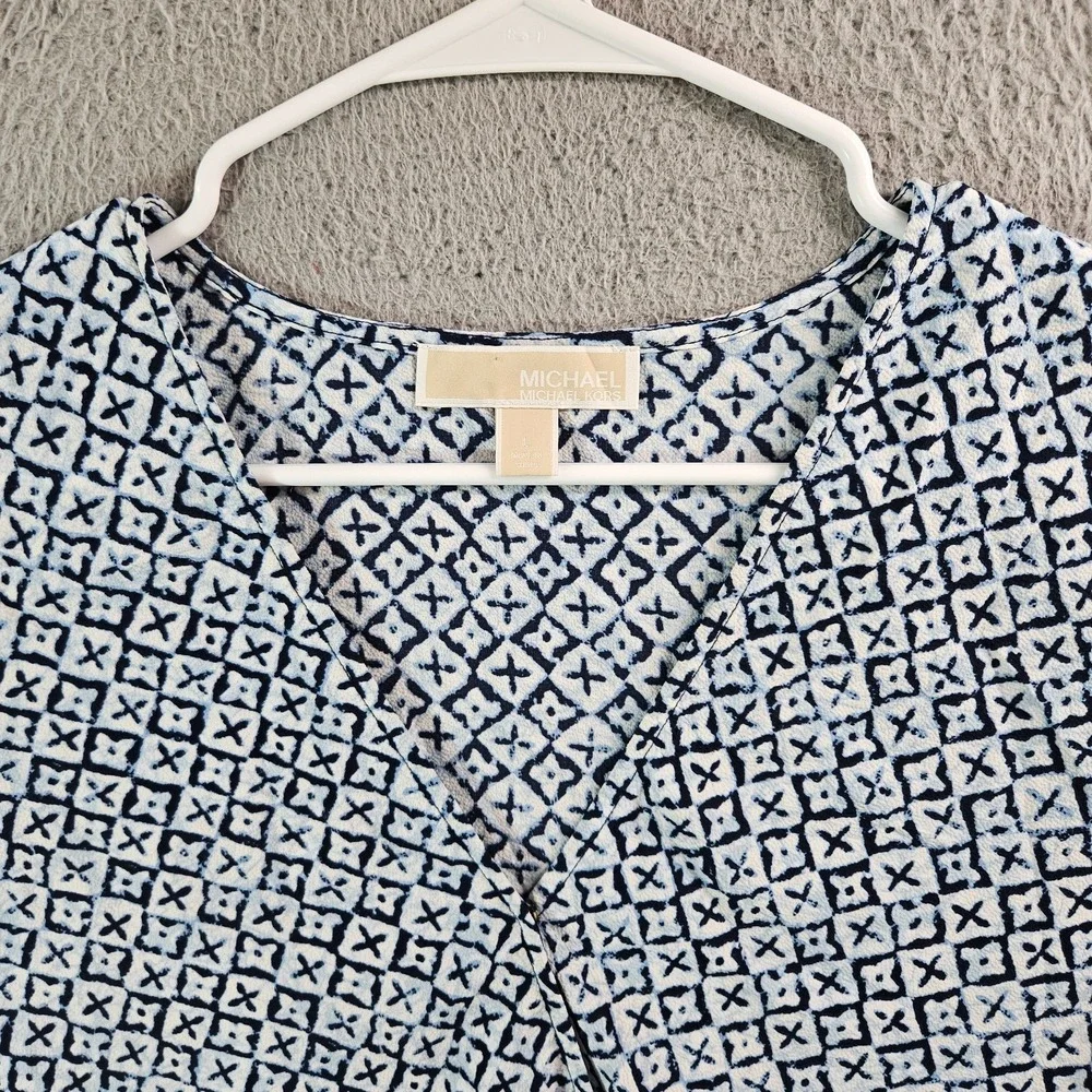 Michael Kors Wrap Top Women Large Geometric Print‎ Ruffle Sleeve Blue White